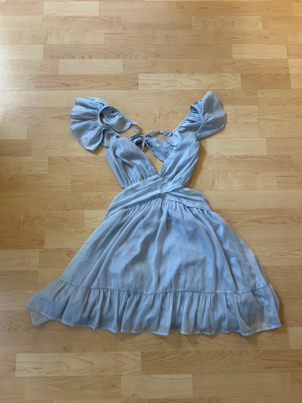 Light Blue Ruffle Sleeve Wrap Dress